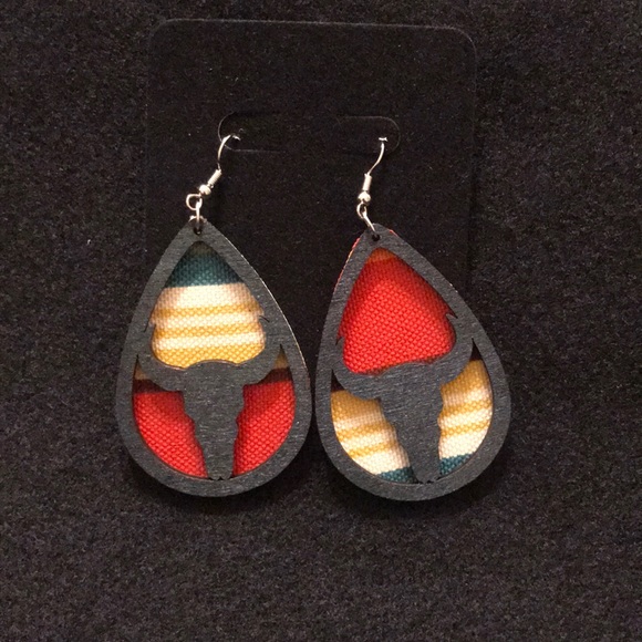 Longhorn Serape Wooden Dangle Earrings 1 of a KIND - Picture 2 of 5